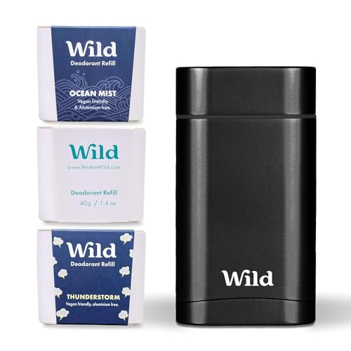 Wild – Nachfüllbares natürliches Deodorant Starterset für Männer – Aluminiumfrei – Schwarzes Case mit den Duftnoten Fresh Cotton & Sea Salt, Ocean Mist & Thunderstorm – Vegan