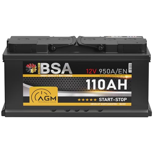 BSA AGM Batterie 12V 110Ah 950A/EN Start-Stop Batterie Autobatterie VRLA statt 105Ah