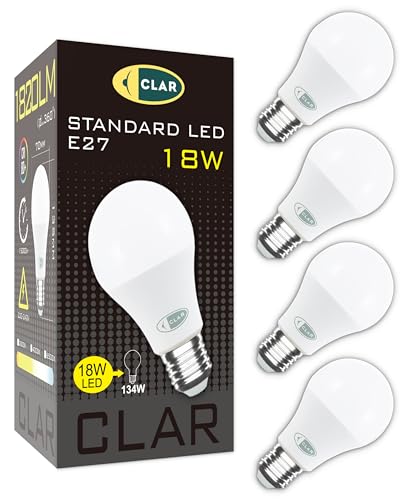 CLAR - LED Birne E27 Extra Hell 18W, LED E27 150W/120W, E27 LED Neutralweiss 150W/120W, Glühbirne Hell, E27 LED 150W/120W, Helle Glühbirne (Pack 4)