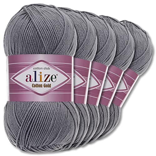 Alize 5 x 100 g Cotton Gold Premium Wolle| 39 Farben Sommerwolle Garn Stricken Amigurumi (87 | Dunkelgrau)