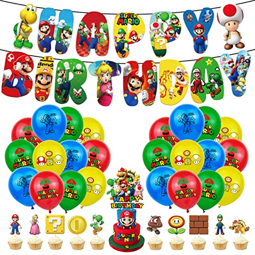 Super Mario Geburtstag Party Dekoration Set Happy Birthday Banner Wimpelkette Kuchen Dekorieren Topper Luftballons für Jungen Mädchen Geburtstag Baby Shower Dekoration