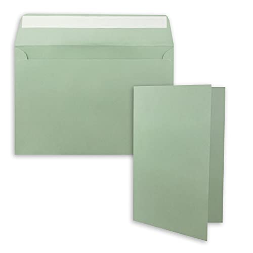 50x Faltkarten-Set DIN A5 14,8 x 21 cm in Eukalyptus (Grün) mit Briefumschlägen DIN C5 Haftklebung - für große Einladungen und Karten zum Geburtstag oder Hochzeit