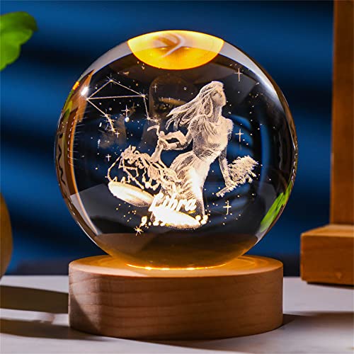 qianyue Laser Gravierte Sternzeichen Kristallkugel Miniatur 3D Kristall Handwerk Dekoration Glas Kugel Dekoration Zubehör Geschenk (80mm, Waage)