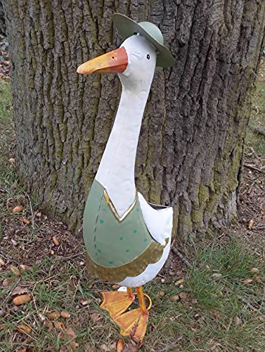 Große Ente mit Hut Gartendekoration Eisen grün-weiß-gelb 59 cm