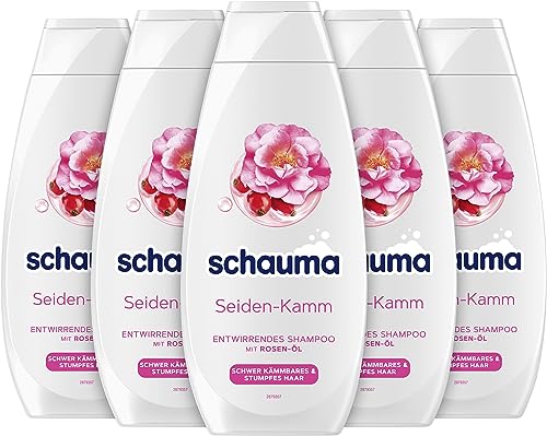 Schauma Entwirrendes Shampoo Seiden-Kamm (5x 400 ml), Haarshampoo pflegt ohne zusätzliche Spülung, Glanz-Shampoo für schwer kämmbares & stumpfes Haar, mit Rosen-Öl