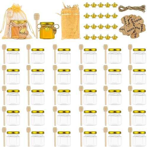 Weinsamkeit 30 Pack sechseckige Mini-Honiggläser aus Glas mit Holzlöffeln, goldenen Deckeln, Bienenanhängern, Jute, goldenen Geschenktüten perfekt für Babyparty, Hochzeitsgeschenke, Partygeschenke
