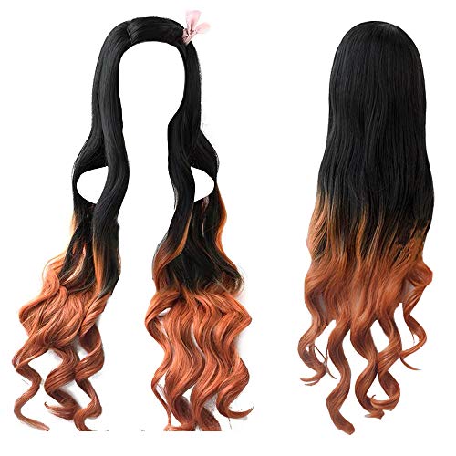 Damen Kamado Nezuko Cosplay Perücke 94 cm lang gelockt schwarz orange Farbverlauf Haar mit Perückenkappe rosa Schleife