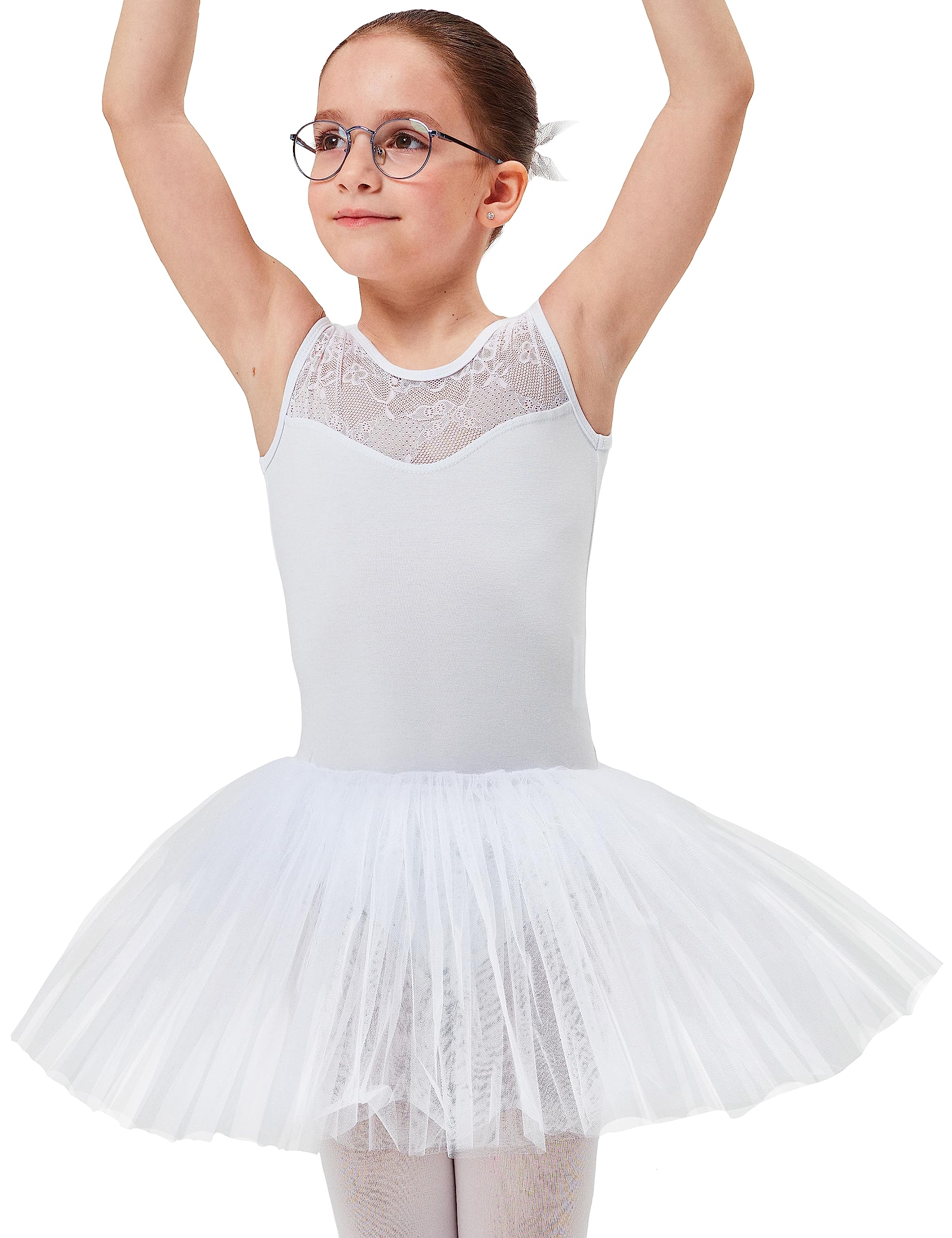 tanzmuster ® Ballettkleid Mädchen Tutu - Lottie - aus weichem Baumwollmaterial mit Spitzeneinsatz vorn und Tuturock Trikot fürs Kinder Ballett in weiß, Größe:104/110