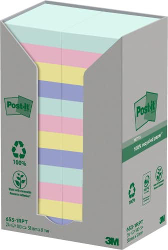 Post-it Recycling Notes, farbig, 51 mm x 38 mm, 24 Blöcke á 100 Blatt