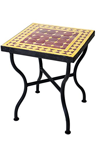 ORIGINAL Marokkanischer Mosaiktisch Gartentisch 40x40cm Groß eckig | Eckiger Mosaik Esstisch Mediterran | als Tisch für Balkon oder Garten | Marrakesch Bordeaux Gelb 40x40cm