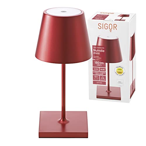 SIGOR Nuindie Mini - Dimmbare kleine LED Akku-Tischlampe Indoor & Outdoor, Höhe 25 cm, aufladbar mit Easy-Connect, 24 h Leuchtdauer, Kirschrot-eloxiert