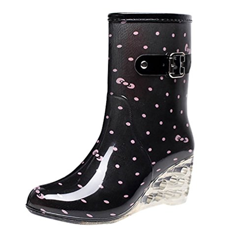 LvRao Frauen Absatzschuhe Stiefel mit Reißverschluss wasserdichte Gartenschuhe | Damen Punkt-Muster Regen Boots Wellies Gummistiefeln Schwarz Rosa Etikett 40, EU 40