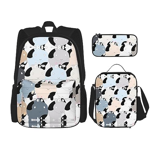 Taschen-Rucksack, Crossbody-Lunch-Tasche, Stifttaschen-Set – robust, langlebig, modisch und leicht, Kuh-Kollektionsmuster, Schwarz , Einheitsgröße