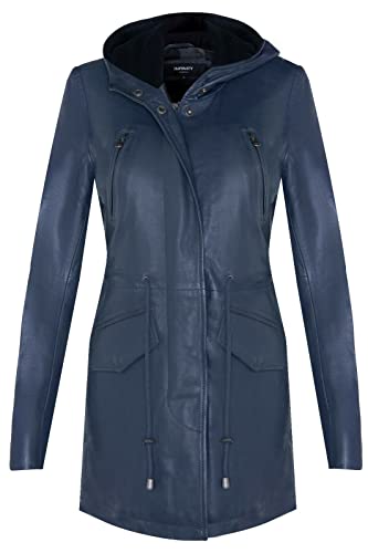 Infinity Leather Parker Jacke Aus Navy Blau Leder Mit Kapuze Und Mehreren Taschen XL