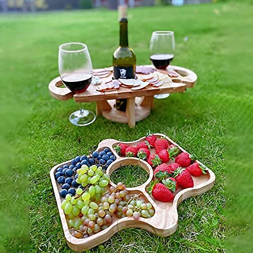 Holz Weintisch Outdoor Picknicktisch mit Weinglashalter, Tragbarer Outdoor Weintisch, Kreatives 2 in 1 Weinglasregal & Fachschale für Käse und Obst, Outdoor Weinregal Snackregal