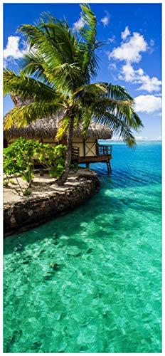 Wallario Selbstklebende Türtapete Karibisches Meer – Einsame Hütte unter Palmen - 93 x 205 cm Abwischbar, rückstandsfrei zu entfernen