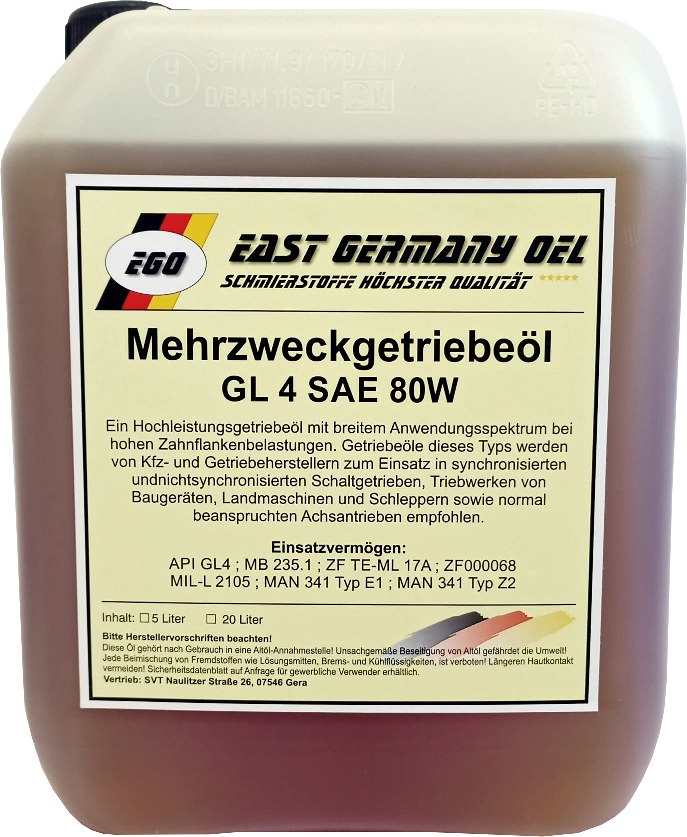 East Germany OIL Getriebeöl GL 4 SAE 80W Kanister 5 Liter