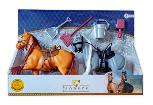 ECO 2 Pferde mit Zubehör Set Reitpferde Spielzeugpferde Pferd Spielzeug Geschenk 2-Varianten 20 (Braun/Grau)