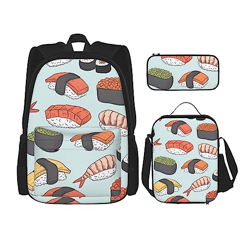 PartyUnix Sushi Prints Rucksack 3-teilig Schulranzen mit Brotdose und Federmäppchen Set - Geeignet für Jungen und Mädchen, Schwarz , Einheitsgröße, Kinderrucksack