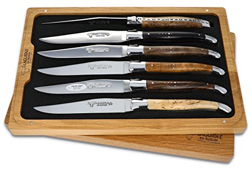 LAGUIOLE en Aubrac Sechs original Steakmesser aus Frankreich - Griff gemischte Hölzer Stahl glänzend mit Zertifikat, Braun