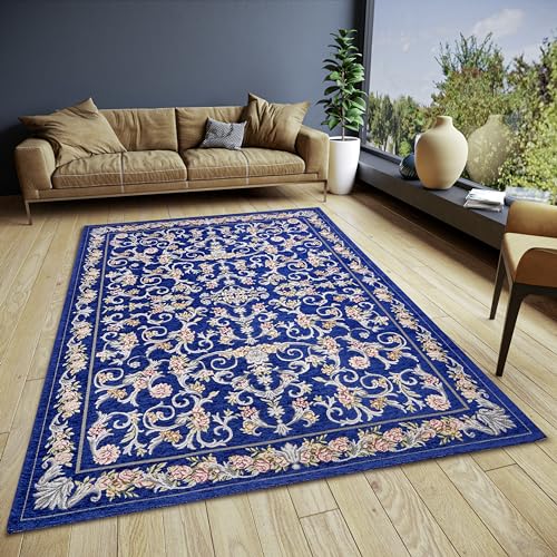 HANSE Home Assia Design Teppich Orientalisch – Flachgewebe Orient Blumen Muster, Anti-Rutsch Unterseite, Klassisch hochwertig gewebt für Wohnzimmer, Schlafzimmer, Esszimmer, Flur – Blau, 75x150cm