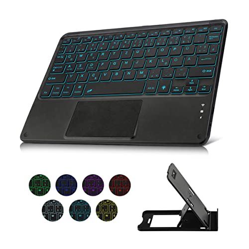 Tastatur Bluetooth Tablet mit Touchpad Beleuchtete wiederaufladbare QWERTZ Tastatur Kabellose Tastatur mit 7 Farben Beleuchtete für iPad,Android Tablet,Microsoft Surface,Schwarz