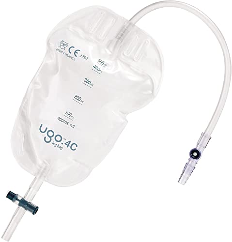 Ugo-Beintaschen (x10) - Urindrainagebeutel/Katheter-Beintaschen, T-förmige oder hebelförmige Taschen mit weicher Stoffrückseite (10er-Pack) (Ugo 4C - 500ml, lange Tube, T Tap)