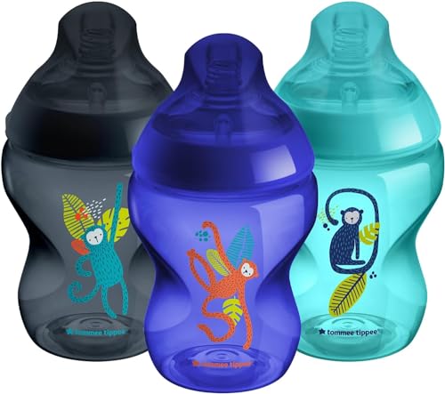 Tommee Tippee Closer to Nature Babyflaschen, Natürlich geformter Trinksauger mit Anti-Kolik-Ventil, 260 ml, 3er-Set, Blau