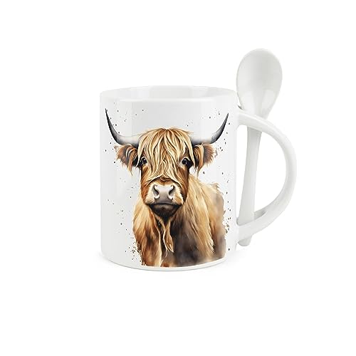 Purely Home Highland Cow Tasse und Löffel Set – Farmyard Scottish Cow – Keramik Weiß Kaffee/Tee Tasse mit Löffel im Griff