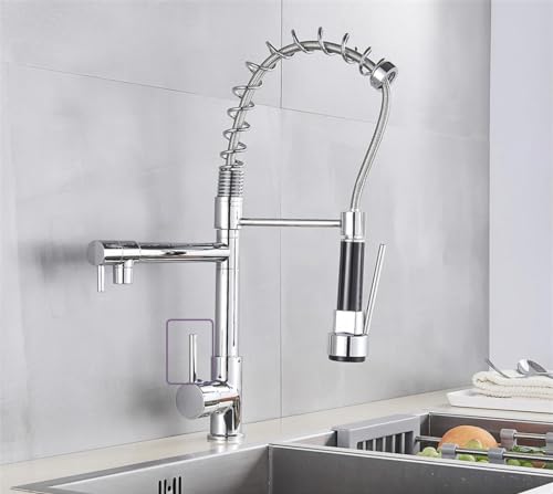 Pull-Down-Küchenspüle-Wasserhahn, Heiß- Und Kaltwasser-Kranhahn Mit Doppelauslauf, 360-Grad-Drehhahn Chrome Faucet D