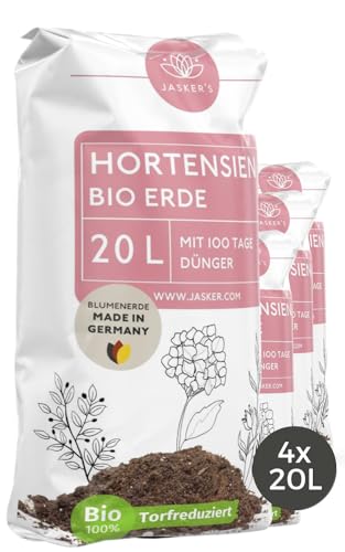 Bio Hortensienerde 80 L (4x20L) - Blumenerde für Hortensien aus 40% weniger Torf - Pflanzerde für weiße & rosafarbige Hortensien - Erde für Hortensien mit Dünger - Erde für Pflanzen