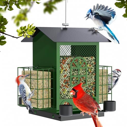 INVOCOO Vogelfutterspender zum Aufhängen im Freien, Metall, Eichhörnchensicher, Vogelfutterstation mit doppeltem Talgkäfig, großes Fassungsvermögen, leicht zu befüllen und zu reinigen, langlebig,