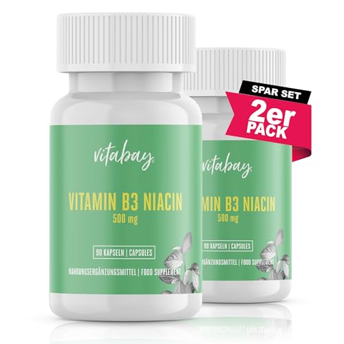 Vitabay Vitamin B3 Niacin | 500 mg x 180 vegane Kapseln (2er Set) | Hochdosiert | Flush Free | Laborgeprüft & hergestellt aus hochwertigen Rohstoffen