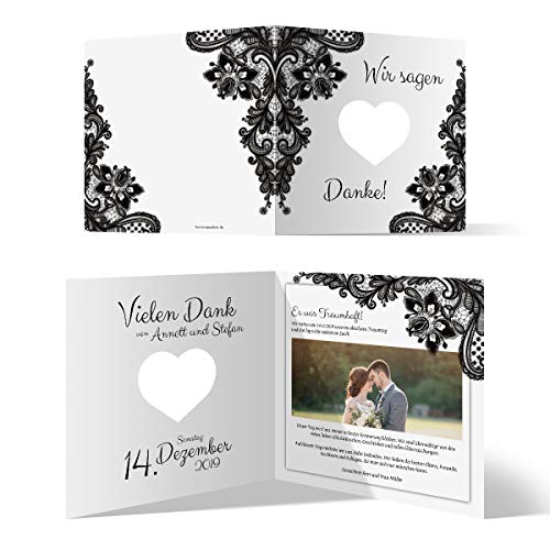 30 x Lasergeschnittene Hochzeit Dankeskarten Foto und Text individuell Herz lasergeschnitten - Rustikal Schwarz Weiß
