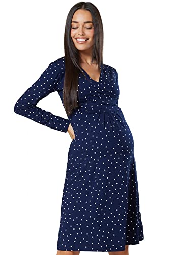 HAPPY MAMA Damen Viskosejersey Umstandskleid Schwangerschafts Kleid Langarm 890p (Marine mit kleinen weißen Punkten, 44, 2XL)