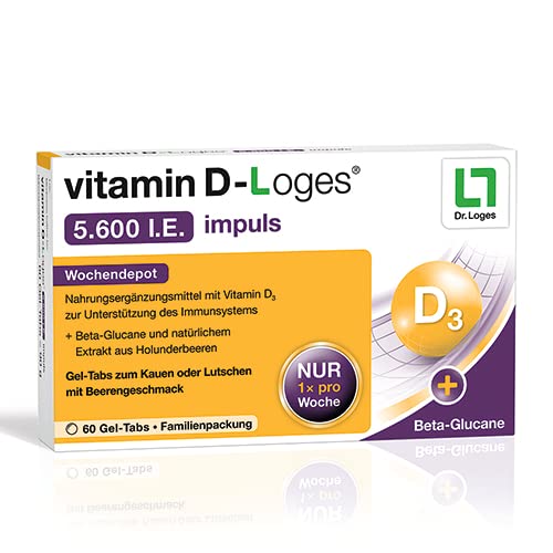 vitamin D-Loges® 5.600 I.E. impuls 60 Gel-Tabs - Wochendepot, hochdosiert - Praktisches Gel-Tab für die ganze Familie - Mit Beta-Glucan und hochwertigem Extrakt aus Holunderbeeren