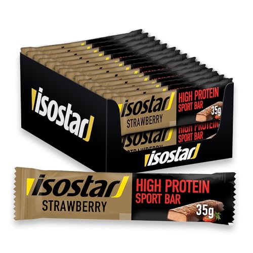 Isostar High Protein Strawberry 25 – 30 x 35 g Proteinriegel Box (1.050 g) – 25 Prozent Protein pro Energieriegel – Eiweißriegel zum Muskelaufbau – Erdbeere
