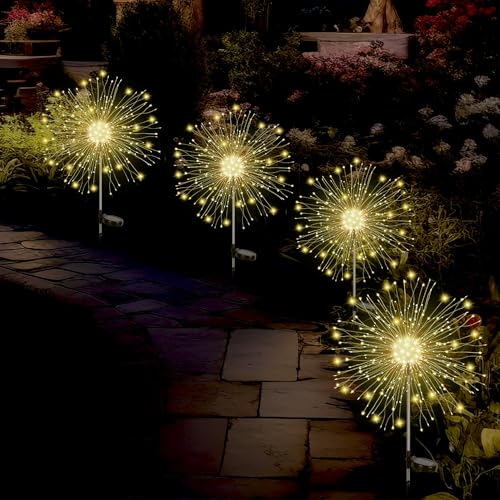 SALCAR LED Solarleuchten Gartendeko, 4 Stück 180LED Solar Feuerwerk Gartenlichter Wasserdicht, 8 Modi Solarstecker Gartenleuchten für Außen Fußweg Yard Rasen Terrasse, Warmweiß
