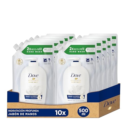 Dove Hand-Waschlotion 10er Pack für empfindliche Haut Flüssigseife Nachfüllbeutel mit ¼ Feuchtigkeitscreme (10 x 500 ml)