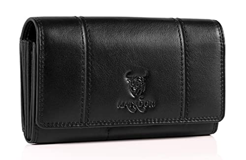 Matador Geldbeutel Damen Lang Geldbörse Echt Leder RFID/NFC Schutz Hochwertige Portemonnaie Frauen (Schwarz)