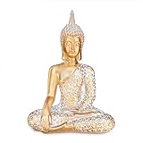Buddha Statue Gold 30cm Dekofigur sitzend mit weißem Muster Buddha Deko Figur klein