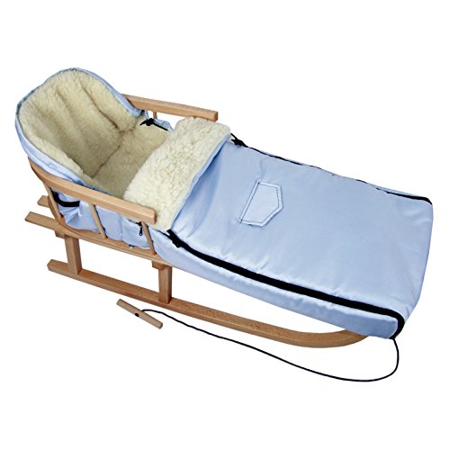 Kombi-Angebot Holz-Schlitten mit Rückenlehne & Zugseil + universaler Winterfußsack (108cm), auch geeignet für Babyschale, Kinderwagen, Buggy, Lammwolle Uni (hellblau + Schlitten)