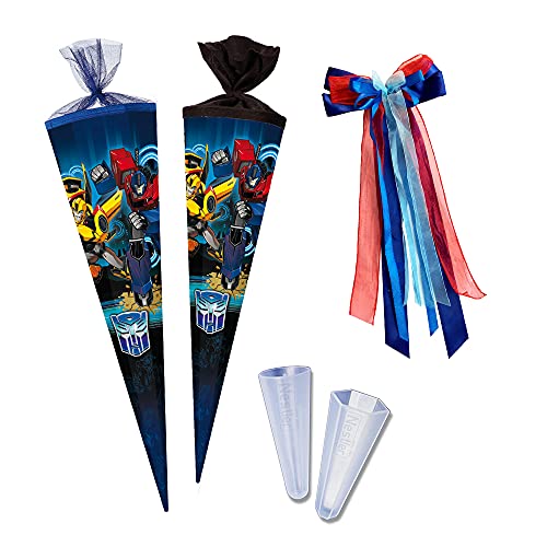 Nestler Schultüten-Set zum Befüllen, Handgemachte Zuckertüte aus Karton - Motiv Transformers inkl. Spitzenschutz, Schleife (85 cm 6-eckig)