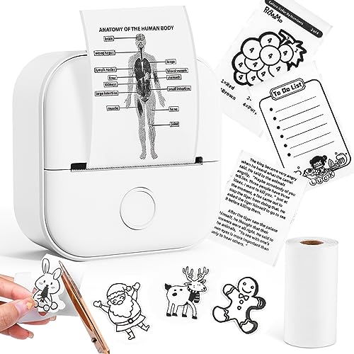 Memoking T02 Kleiner Drucker - Schwarzweiß-Bluetooth-Tragbarer Mini-Sofortbild-Fotodrucker für Bullet Journal Diary Creation-Geschenkkinder, kompatibel mit iOS und Android, Weiß
