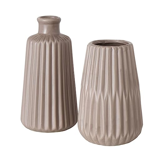 Deko Vase im 2er Set aus Keramik Mattes Design mit Rillen Höhe 18 cm Blumenvase Tischdekoration - Braun