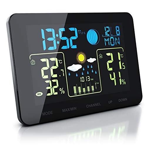 CSL - Funk Wetterstation mit Farbdisplay und Außensensor - Innen und Außentemperatur - Touch Buttons - Barometer mit Luftdruckhöhenausgleich - Frostalarm - 2 Weckalarme - LCD Display