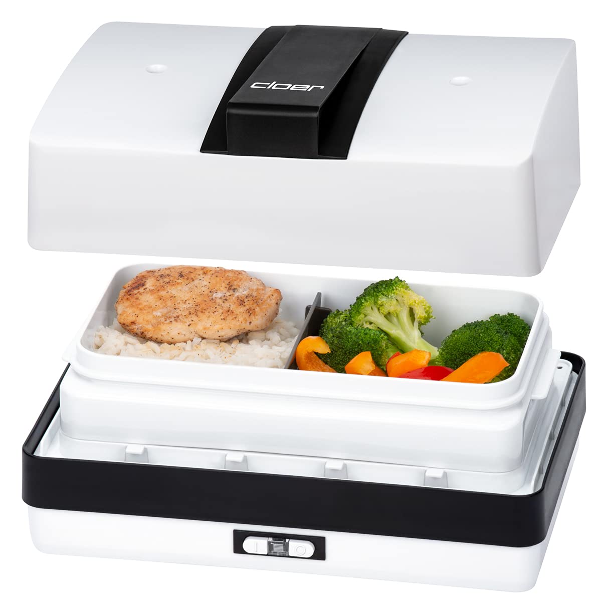 Cloer 800MBX Menübox elektrische Lunchbox zum Aufwärmen von Speisen-inkl 1,2 l, Tablett und Messbecher herausnehmbarer Träger Edelstahlkochplatte, kombinierbar Lunchbox-Sets, Weiß, 1,2 Liter