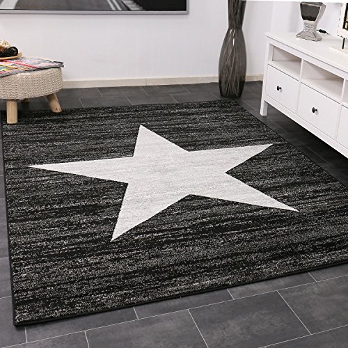 VIMODA Trendiger Kurzflor Teppich Design Stern Meliert in Schwarz - ÖKO TEX Zertifiziert, Maße:80x250 cm