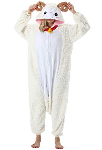 ULEEMARK Damen Jumpsuit Onesie Tier Fasching Halloween Kostüm Lounge Sleepsuit Herren Cosplay Overall Pyjama Schlafanzug Erwachsene Unisex Schaf for M