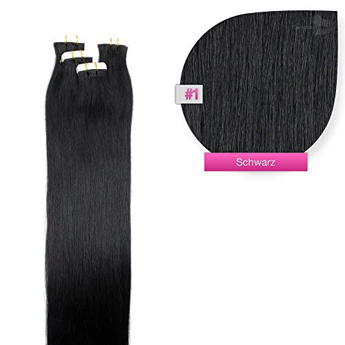 Tape Extensions Echthaar Haarverlängerung 60cm Tape In Haare mit Klebeband 40 Tressen x 4 cm breit und 2,5g Gewicht pro Tresse Farbe #1 Schwarz